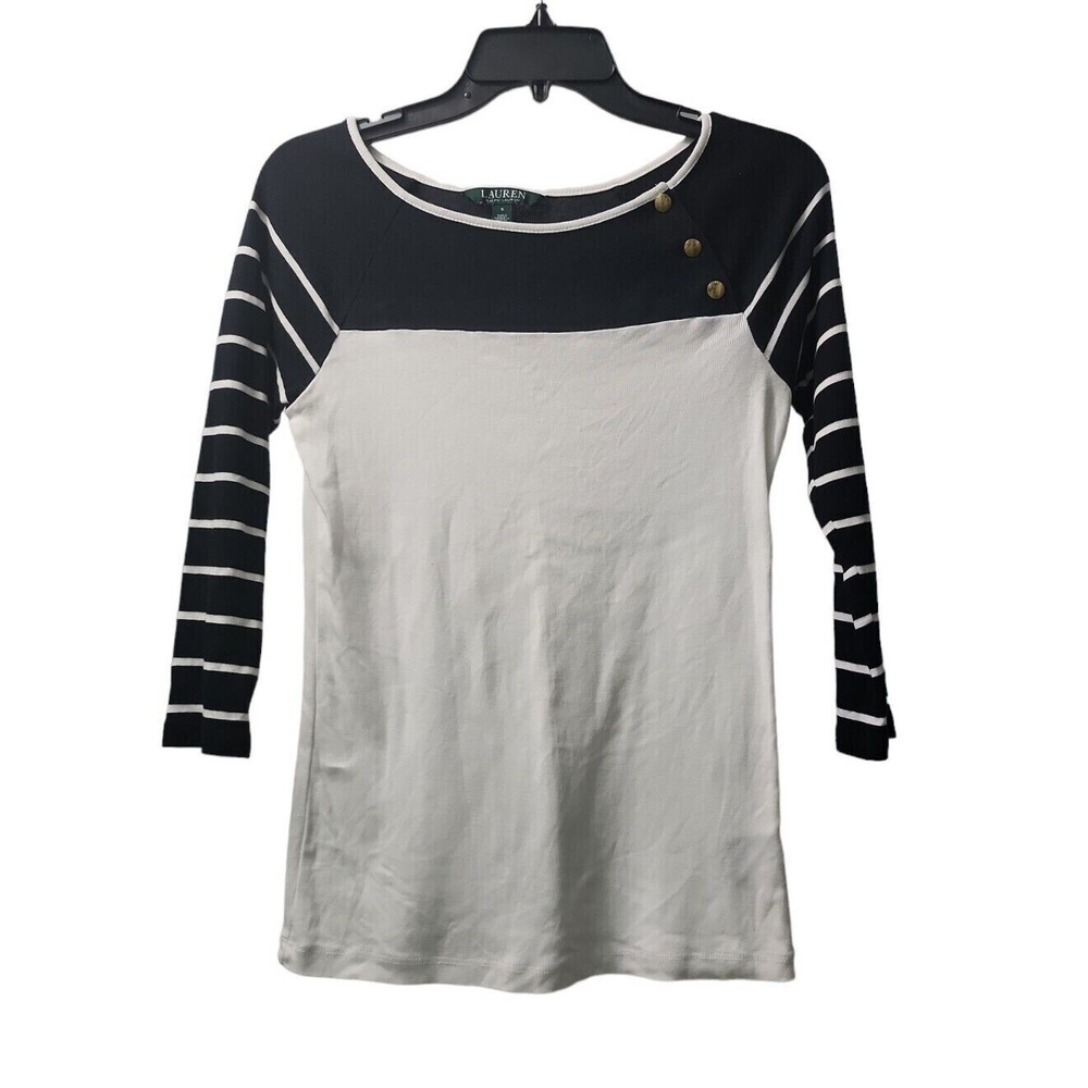 Lauren Ralph Lauren Striped 3/4 Sleeve Top‎ Boat Neck Gold Buttons S